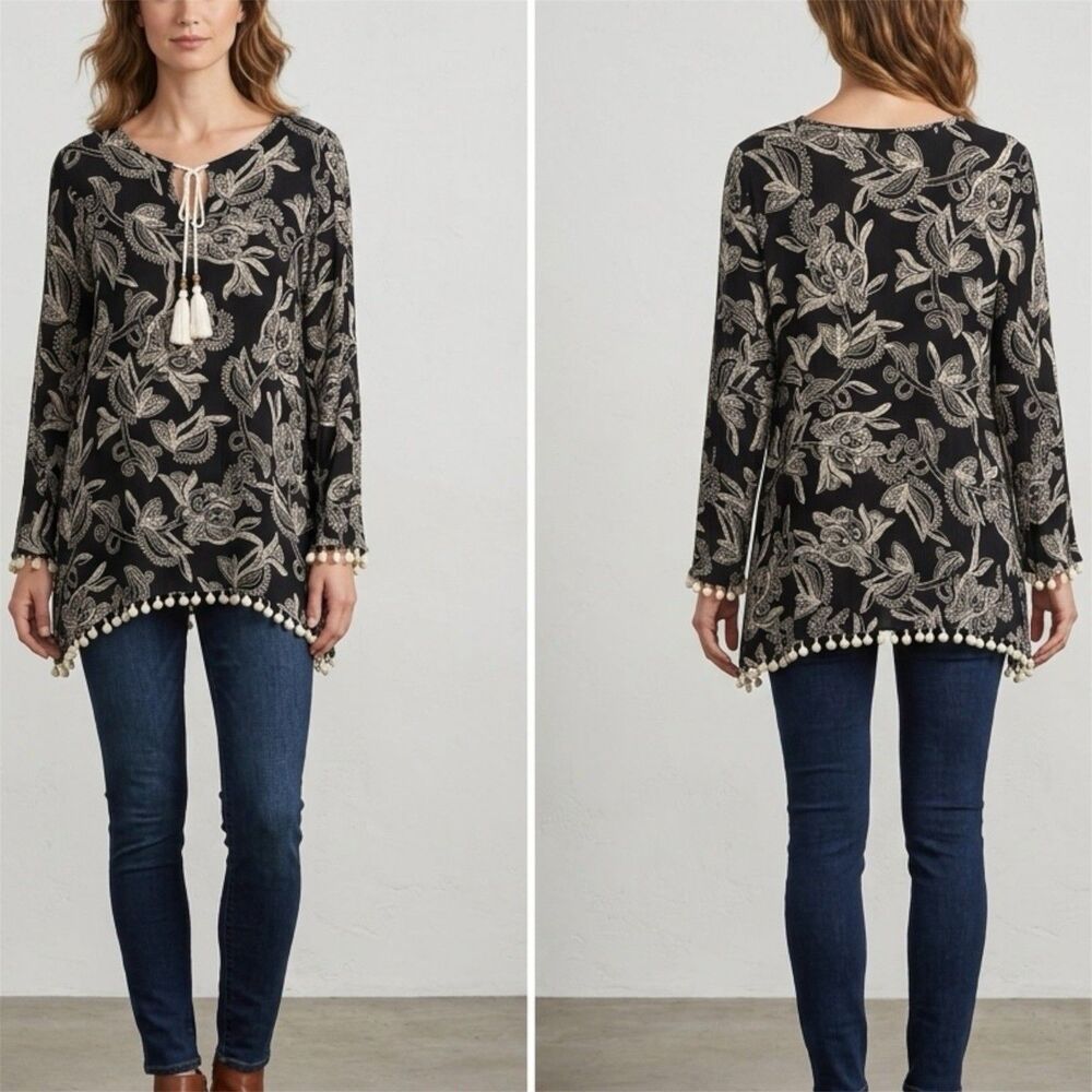 Soft Surroundings Tunic Top Womens Sz Large Black Ivory Floral Rayon Tassel Boho